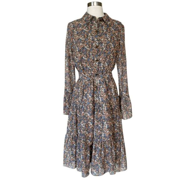 MIKAEL AGHAL Floral Shirt Dress Button Down Midi Crepe Chiffon Belt Tiered 6 NWT - Picture 8 of 12